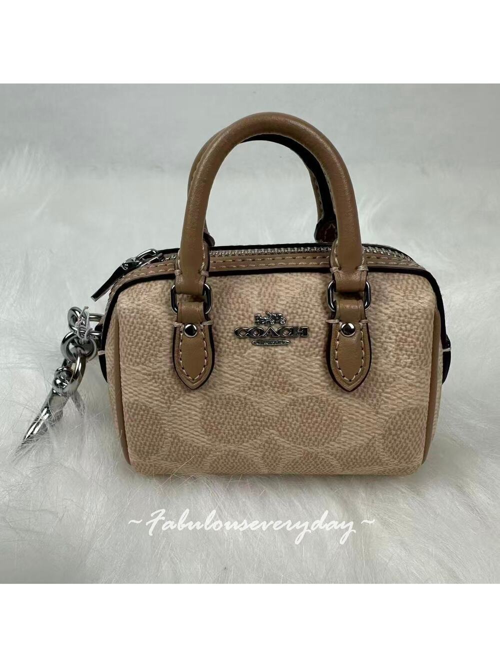 Coach Mini Rowan Bag Charm In Signature Canvas Silver/Sand/Taupe CX068 NWT